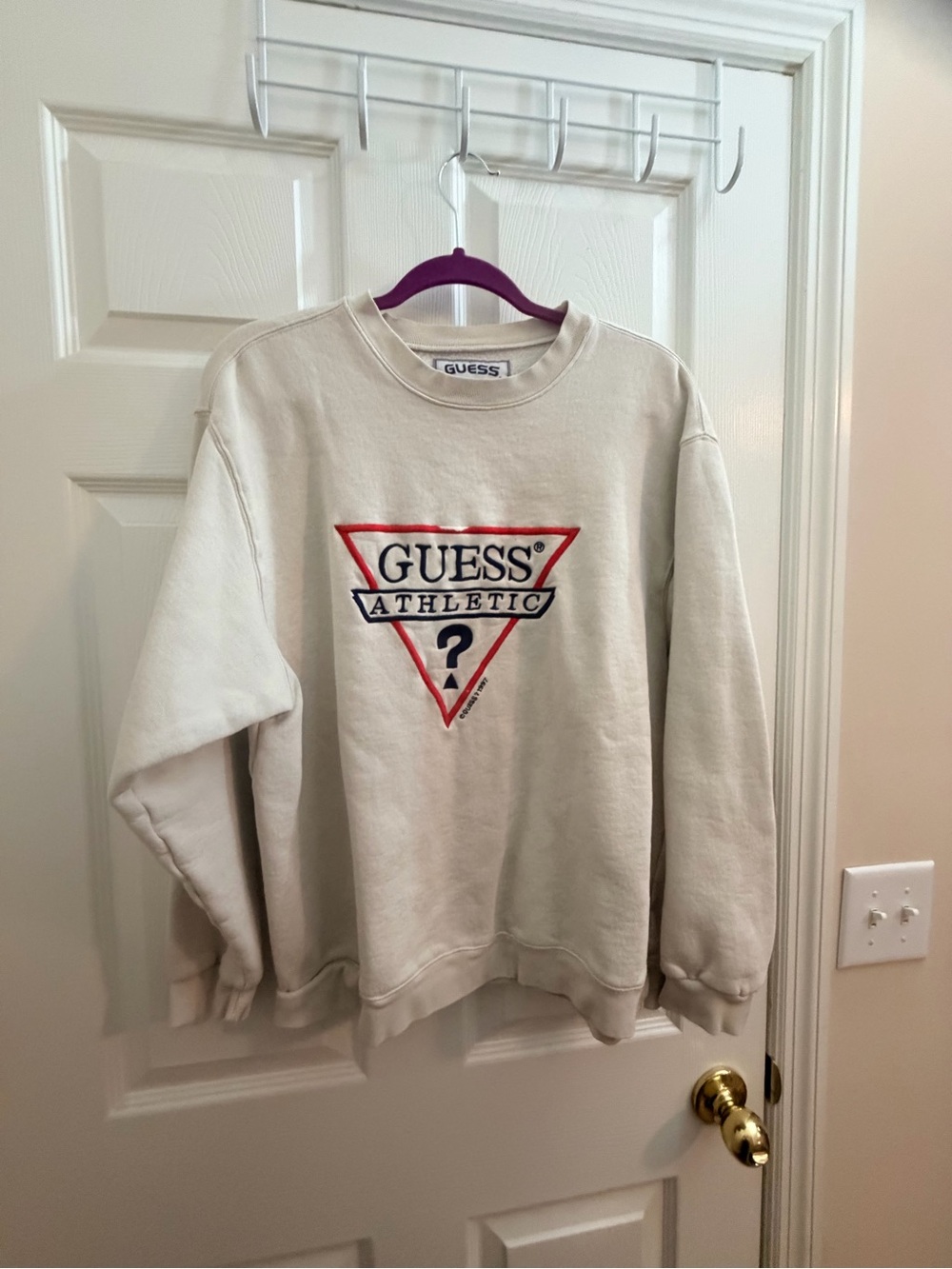 Vintage Guess Men's Cream Crewneck Sweater with Red & Navy Logo